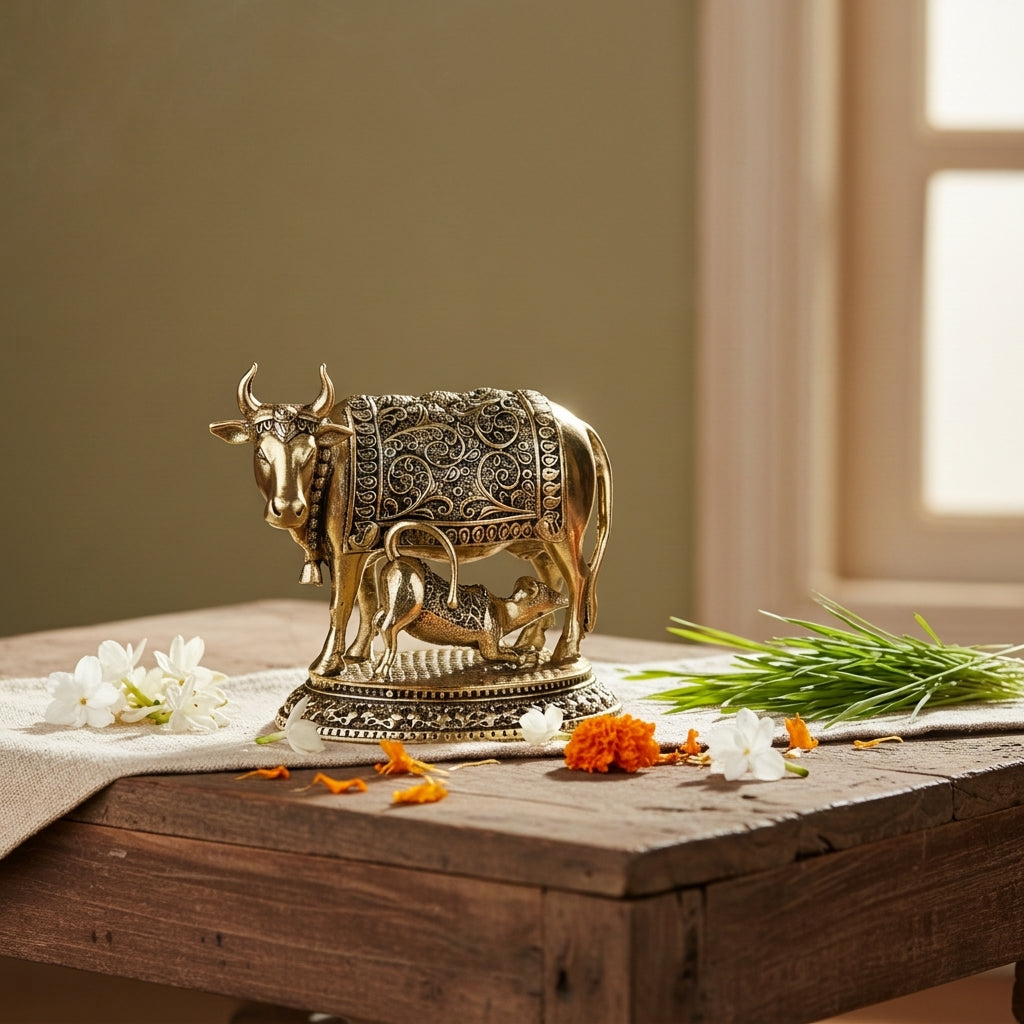 Fine Brass Kamdhenu Cow with Calf Idol – Small Size