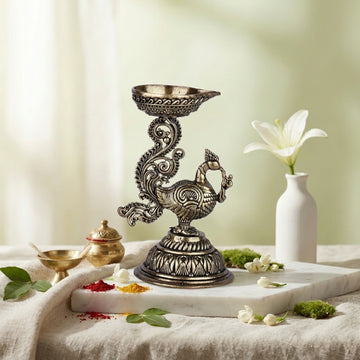 Antique Brass Peacock Diya Oil Lamp | Decorative Brass Diya for Pooja