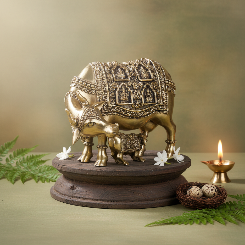Antique Brass Kamdhenu Cow & Calf Idol – Premium Decor Statue
