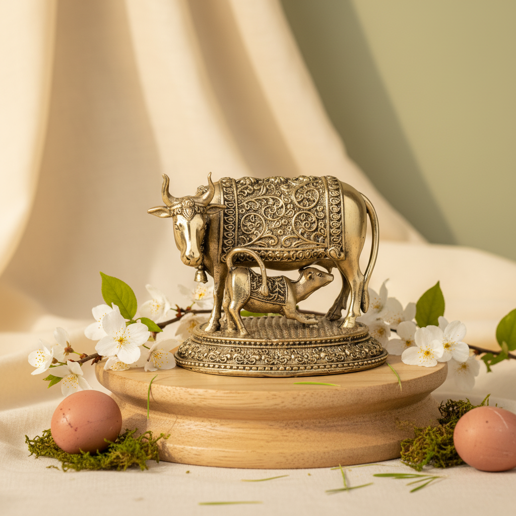 Antique Brass Kamdhenu Cow with Calf Idol | Fine Brass Gau Mata Murti