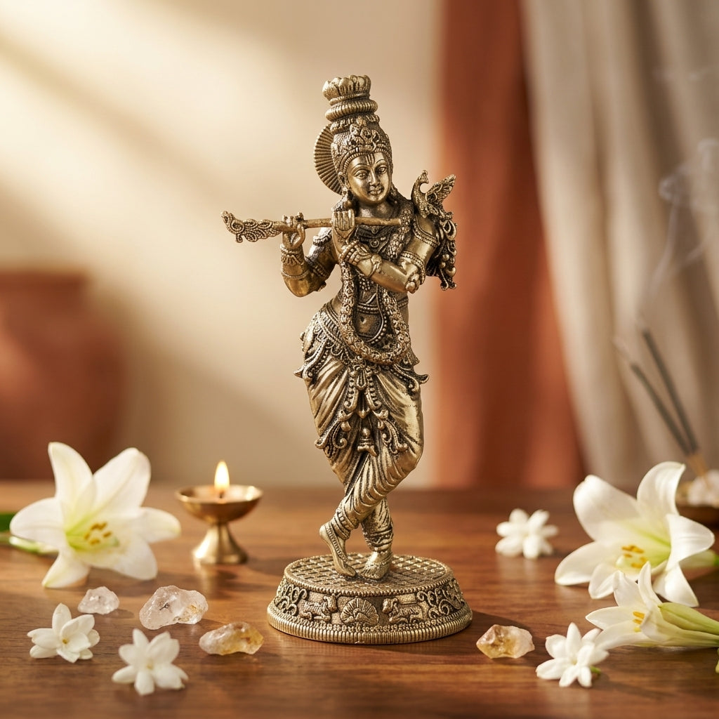 Antique Brass Standing Krishna Idol – Flute Kanha Murti for Love & Harmony