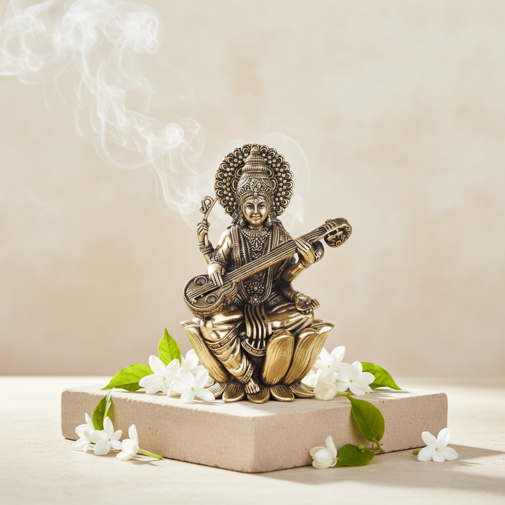 Antique Brass Goddess Saraswati Sitting on Lotus Idol