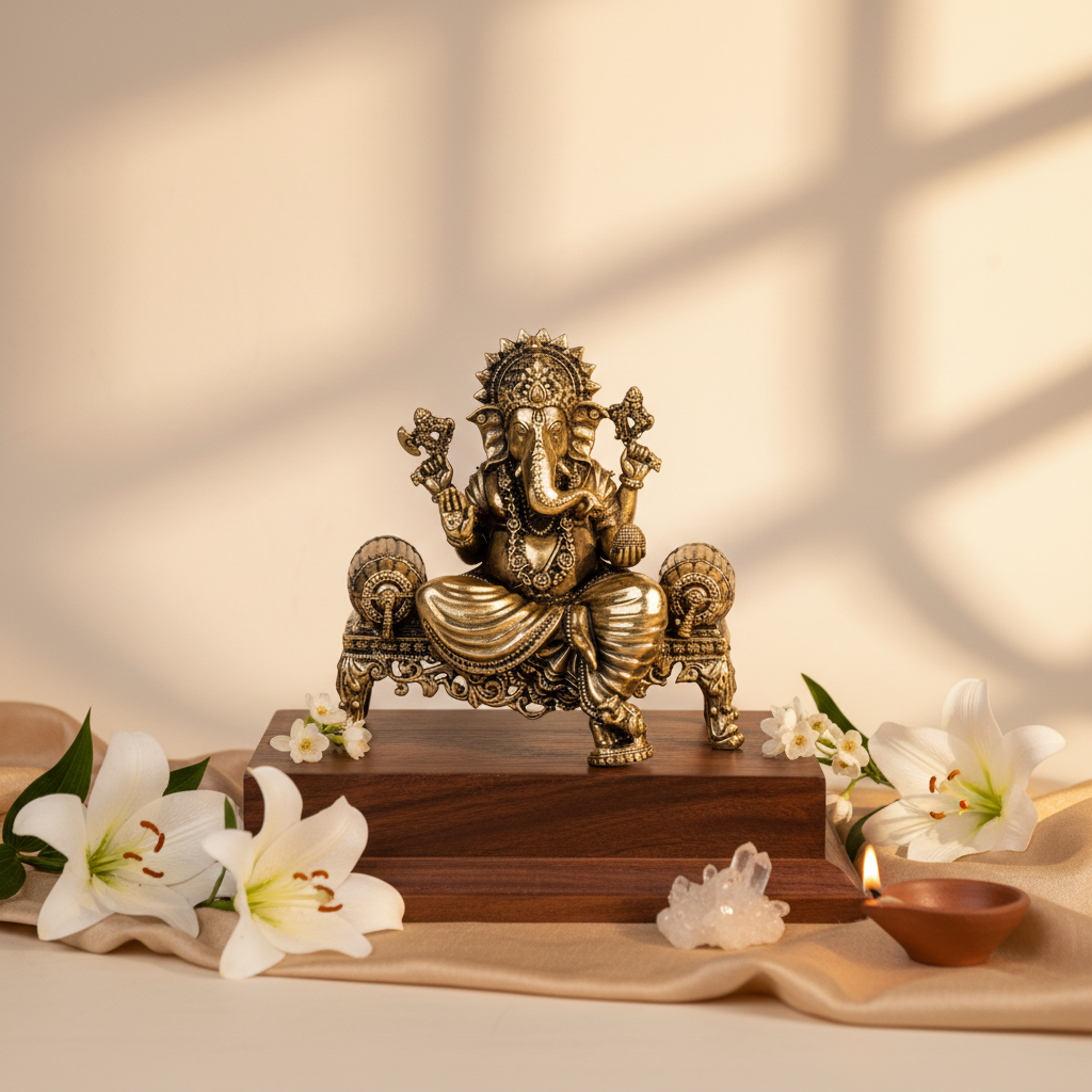 Antique Brass Lord Ganesha Idol Sitting on Royal Sofa | Fine Brass Ganpati Murti