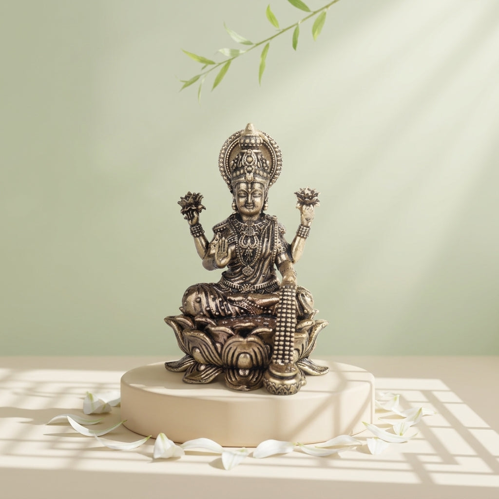 Antique Brass Maa Lakshmi Idol Sitting on Lotus | Fine Brass Goddess Lakshmi