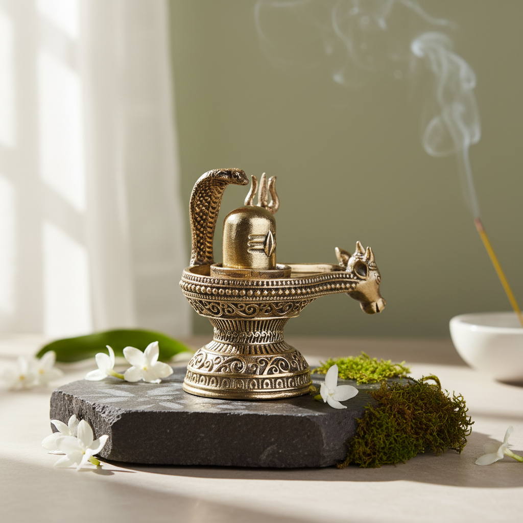 Antique Brass Shivling with Nandi and Trishul | Small Handcrafted Shiva Lingam