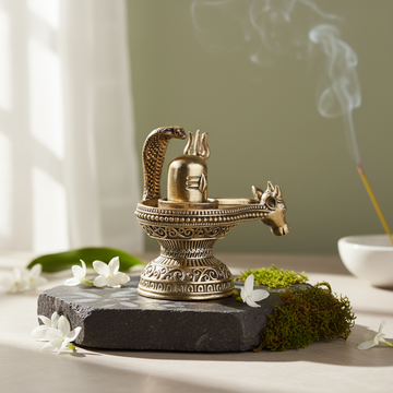 Antique Brass Shivling with Nandi and Trishul | Small Handcrafted Shiva Lingam