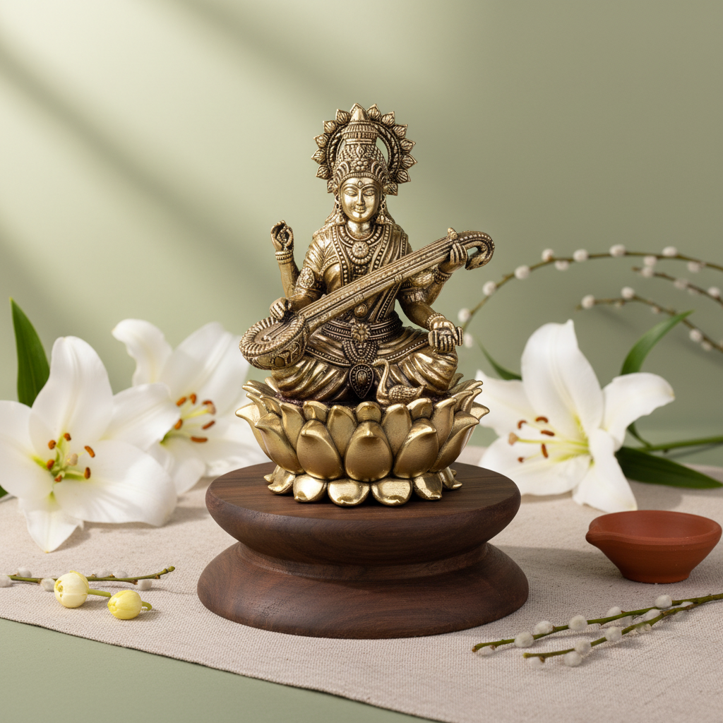 Fine Brass Saraswati Idol on Lotus – Medium Size