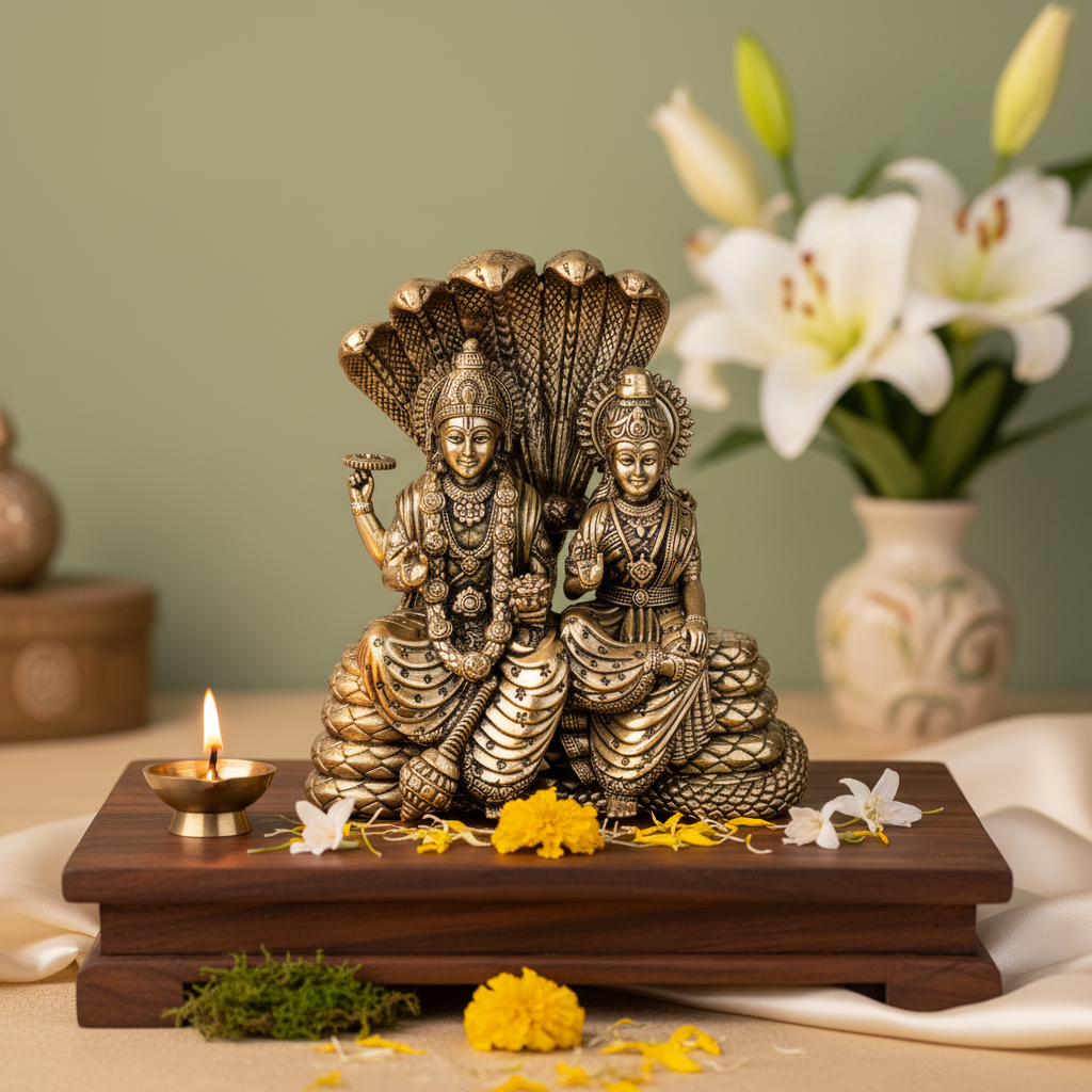 Antique Brass Vishnu Lakshmi Idol | Laxmi Narayan Murti for Wealth, Harmony
