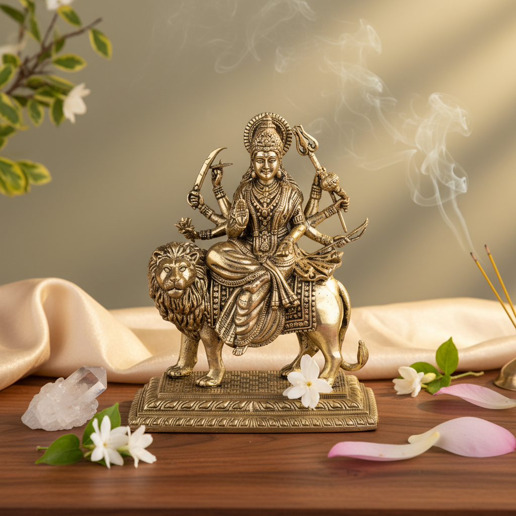 Fine Brass Maa Durga Idol on Lion – Small Size
