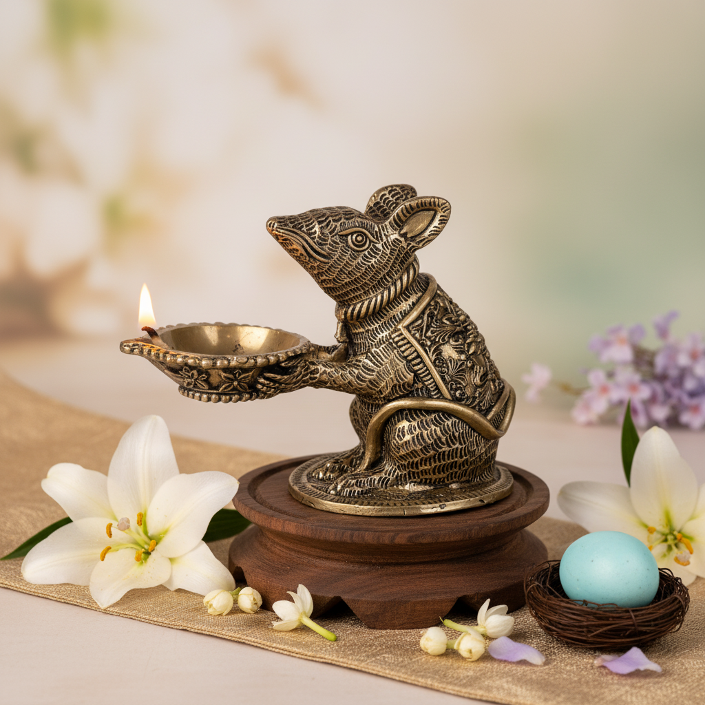 Antique Brass Mooshak (Mouse) Diya | Fine Brass Ganesh Ji Vahan Deepak