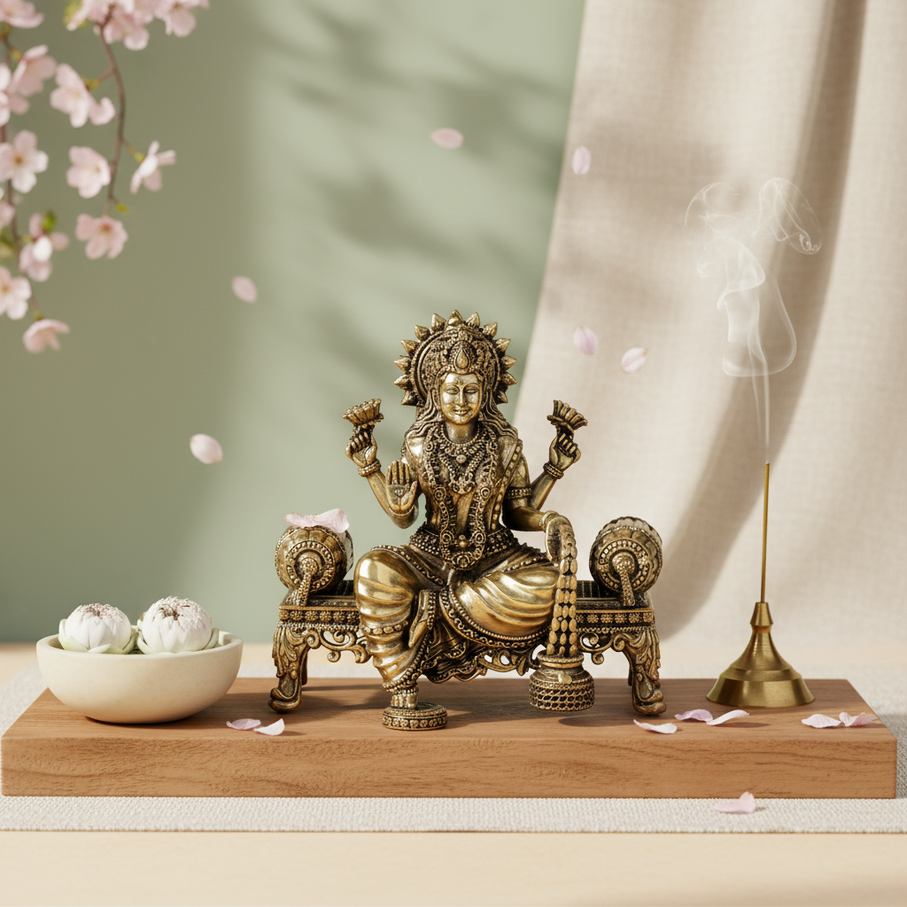 Antique Brass Goddess Lakshmi Sitting on Sofa Idol | Fine Brass Laxmi Murti