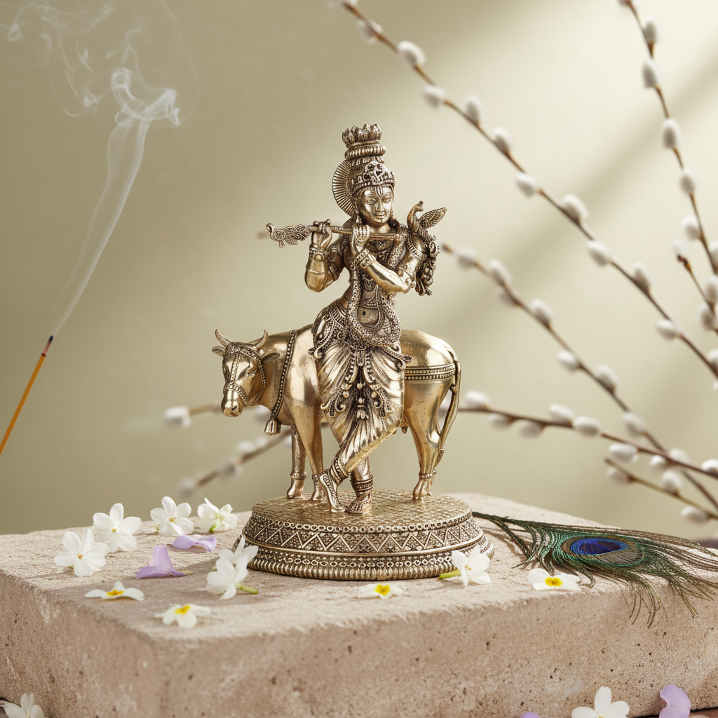 Fine Brass Krishna Cow Idol – Medium Size