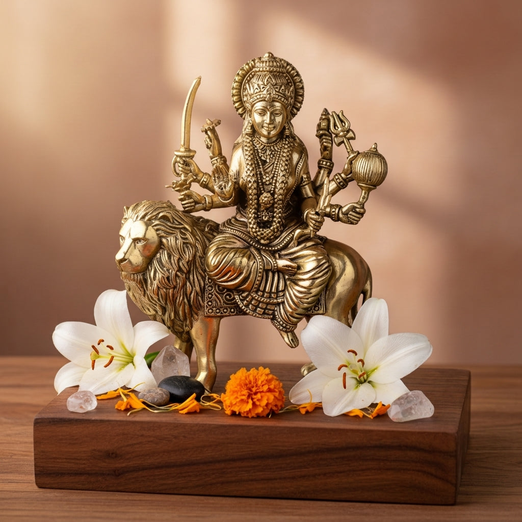 Fine Brass Durga Maa Idol with Lion for Home Décor– small Size
