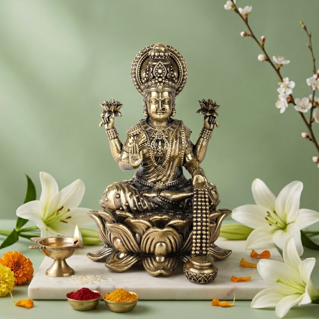 Antique Brass Maa Lakshmi Idol with Coin Flow | Fine Brass Laxmi Murti