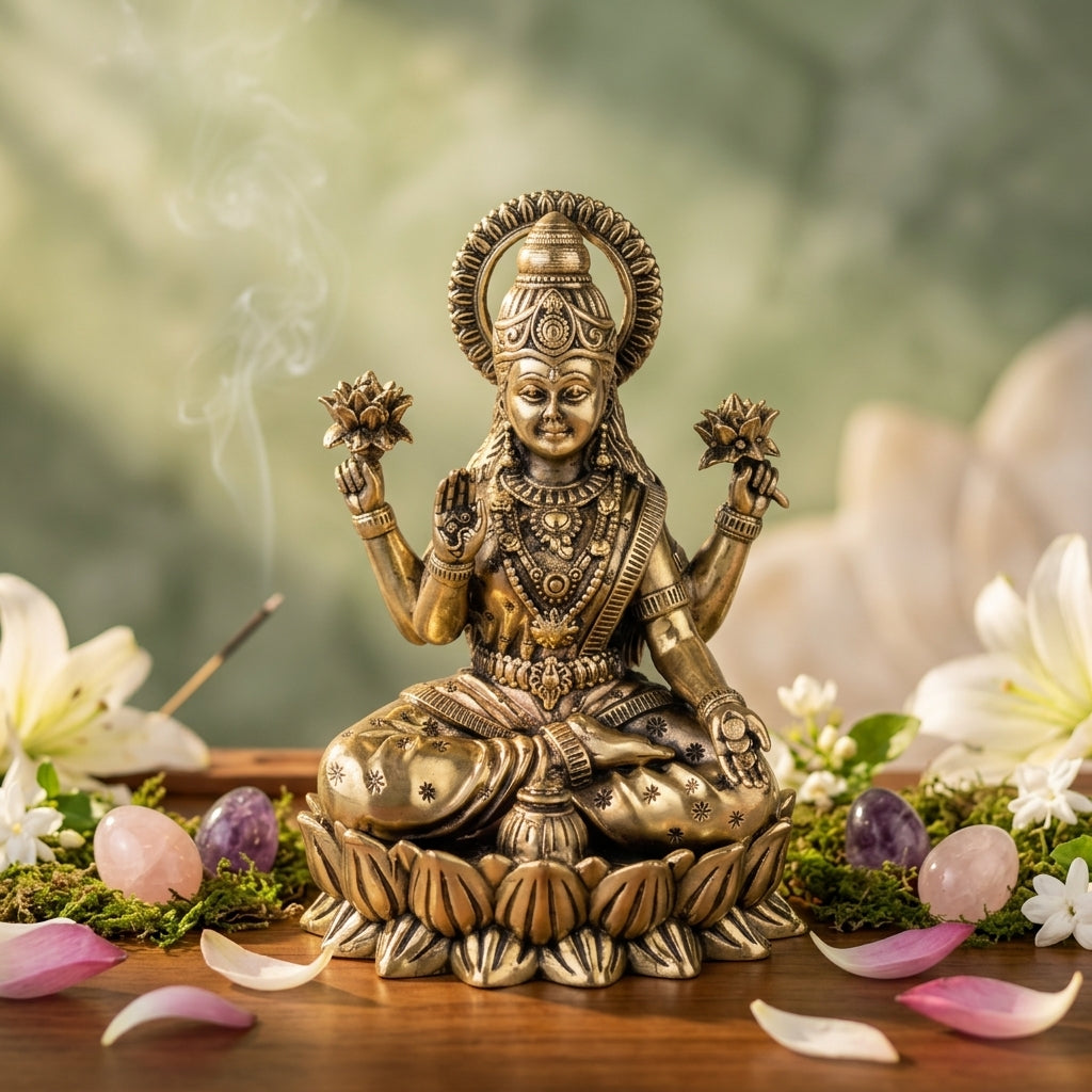 Antique Brass Goddess Lakshmi Idol Sitting on Lotus | Wealth & Prosperity Statue