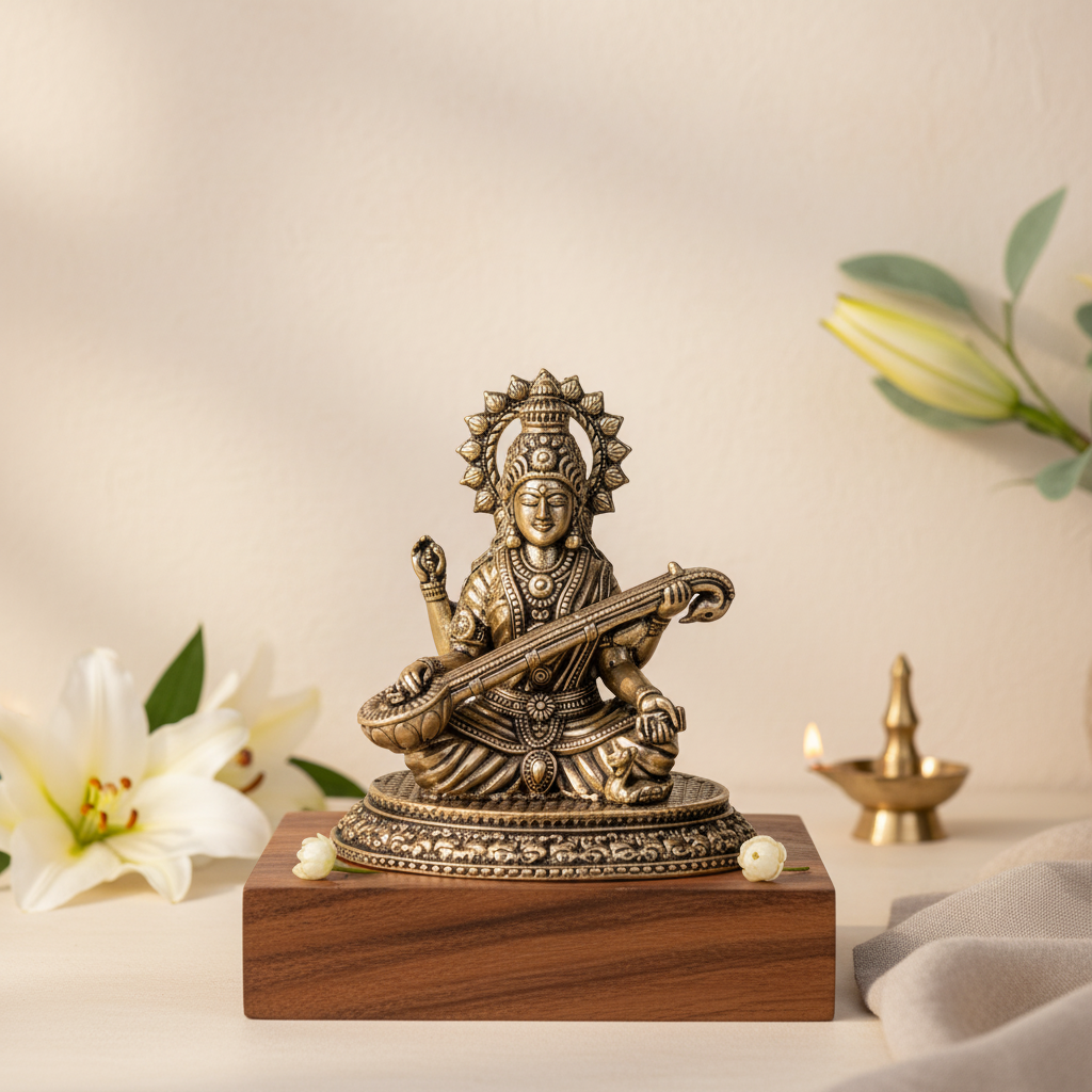 Mini Antique Brass Saraswati Idol – Maa Saraswati Murti