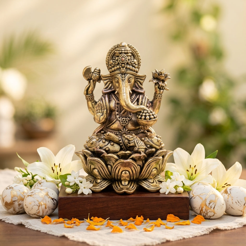 Antique Brass Ganesh Idol – Heavy Premium Lotus Base Showpiece
