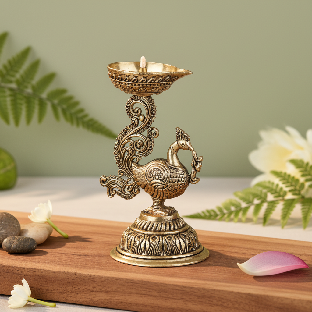 Fine Brass Peacock Diya Oil Lamp for Home Temple & Décor – Medium Size