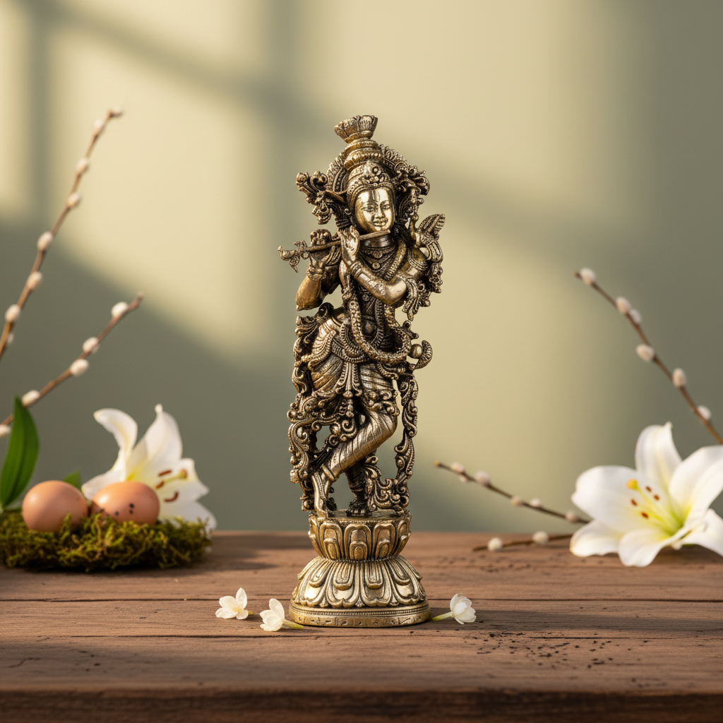 Antique Brass Lord Krishna Playing Flute Idol | Fine Brass Murli Manohar Murti