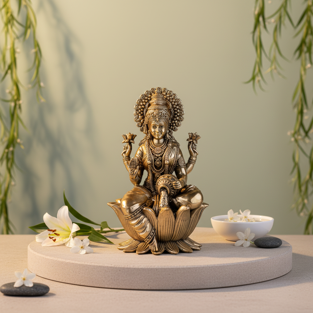 Antique Brass Goddess Lakshmi Sitting on Lotus Idol | Fine Brass Laxmi Murti