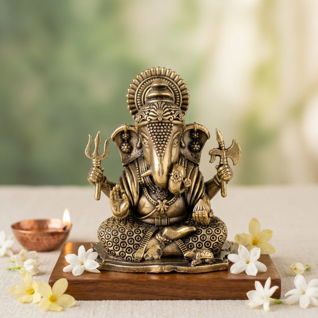 Antique Brass Lord Ganesha Idol with Trishul & Axe | Ganpati Murti