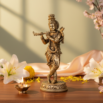 Antique Brass Lord Krishna Idol – Fine Brass Standing Krishna Murti