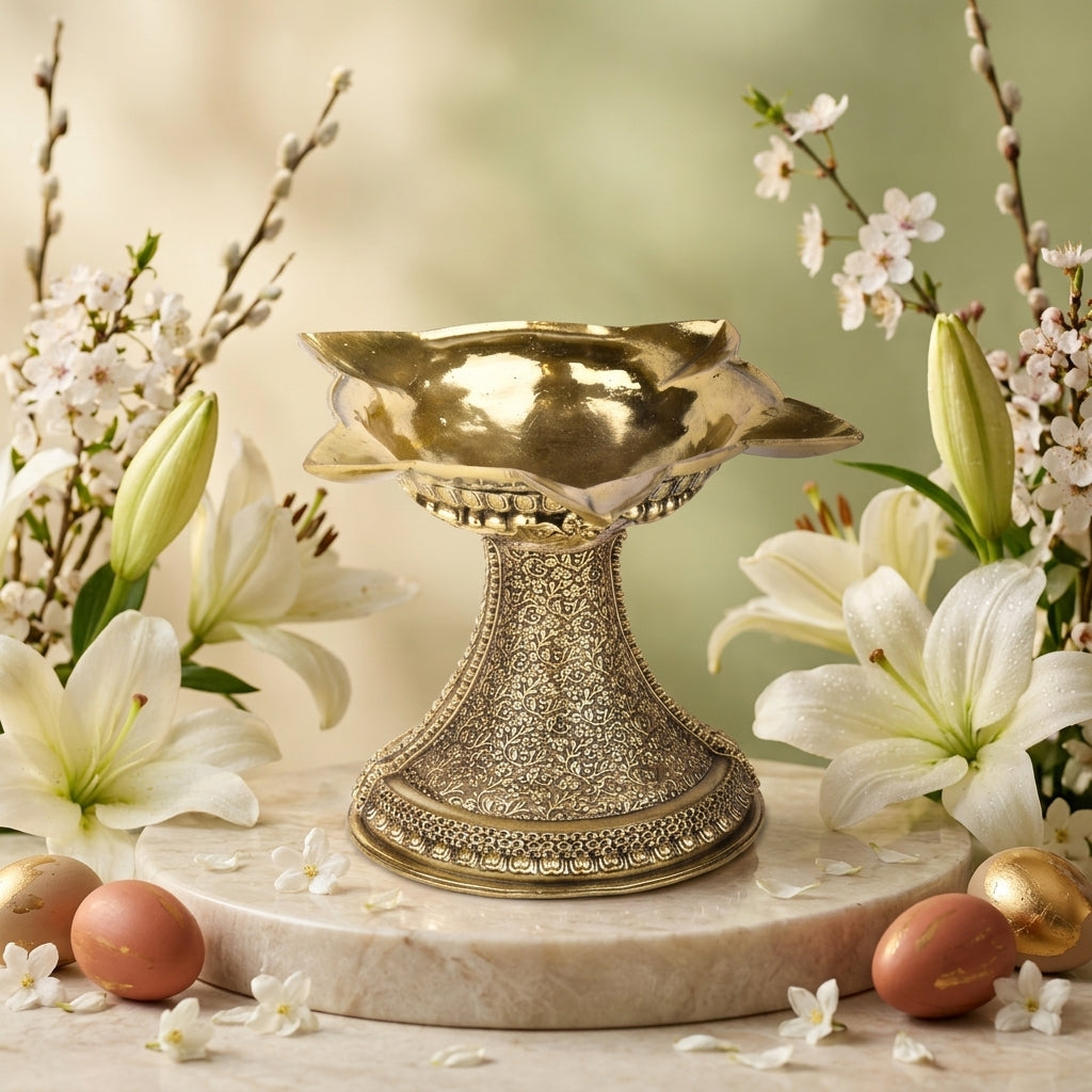 Heavy Antique Brass Lotus Diya Stand | Large Decorative Brass Oil Lamp