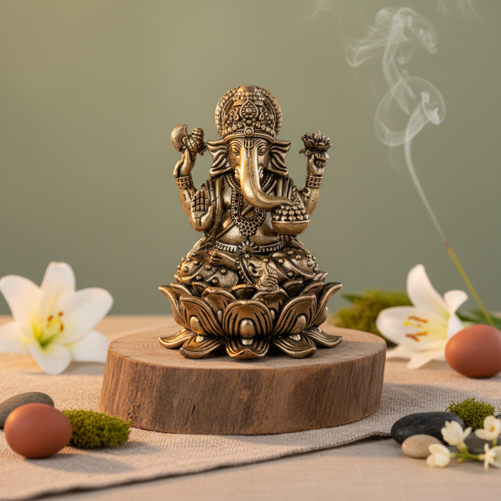 Antique Brass Ganesha Idol on Lotus – Fine Brass Ganpati