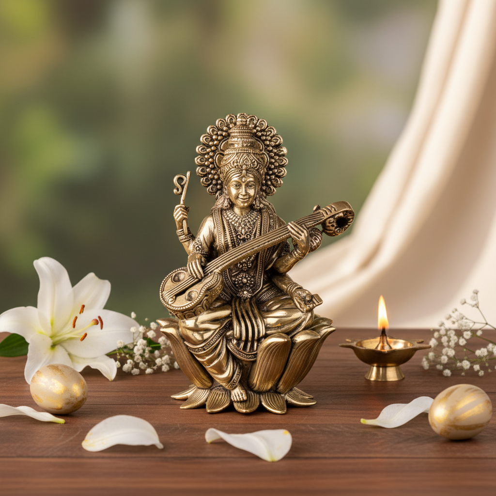 Antique Brass Goddess Saraswati Idol – Fine Brass Saraswati Murti