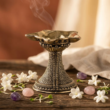 Antique Brass Diya Stand Oil Lamp | Premium Wide Plate Brass Deepak for Pooja