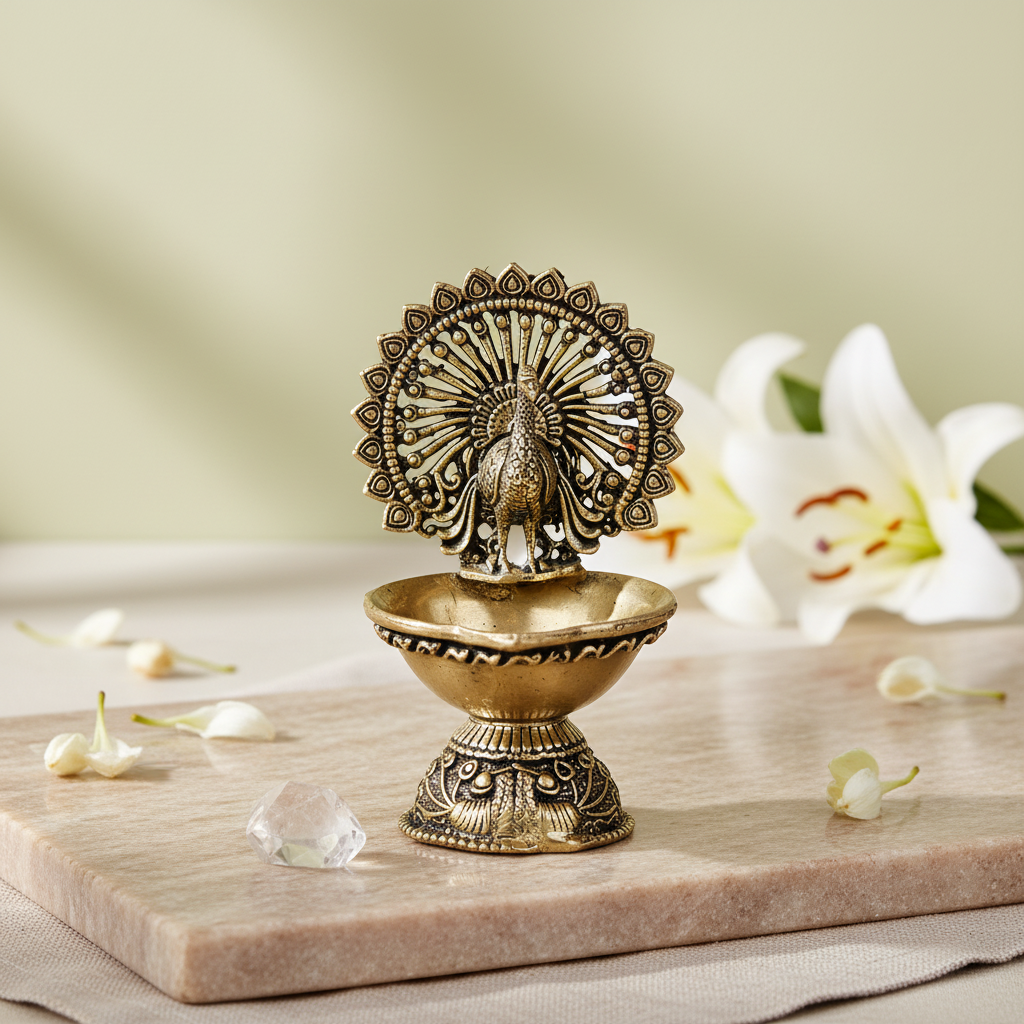 Antique Brass Peacock Diya – Small Oil Lamp for Pooja & Home Décor