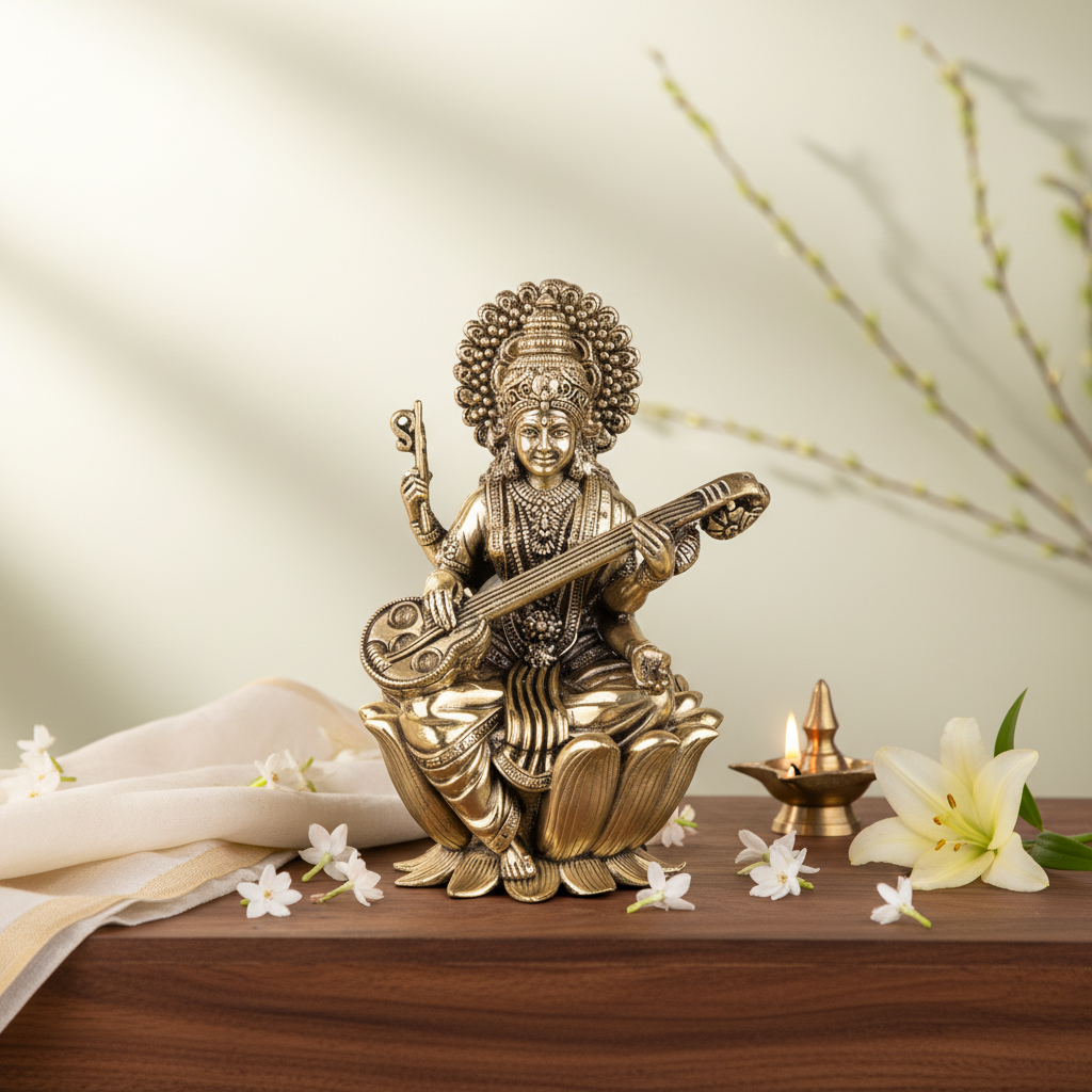 Antique Brass Goddess Saraswati Idol Sitting on Lotus