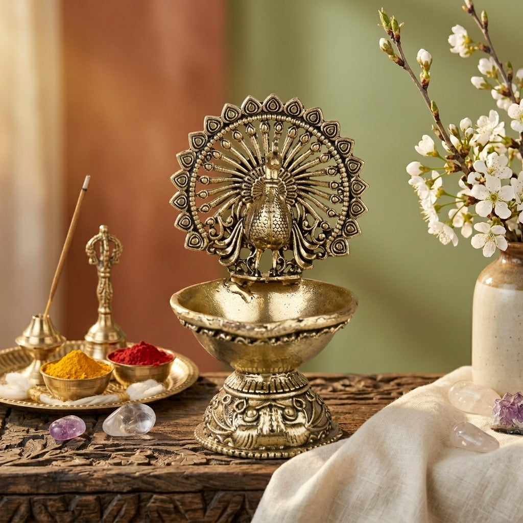 Antique Brass Peacock Diya Stand | Mor Design Oil Lamp