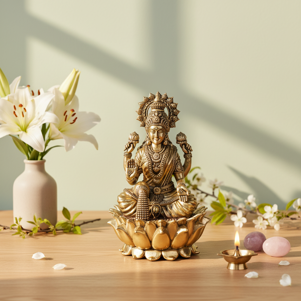 Fine Brass Goddess Lakshmi Idol on Lotus – Medium Size