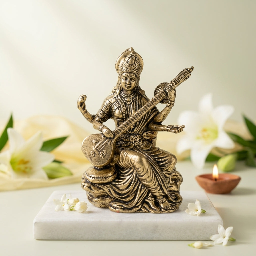 Antique Brass Goddess Saraswati Idol with Veena | Maa Saraswati Murti