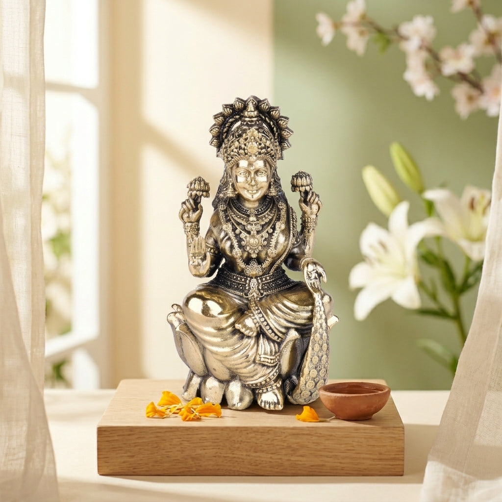 Antique Brass Goddess Lakshmi Idol Sitting on Lotus | Laxmi Murti