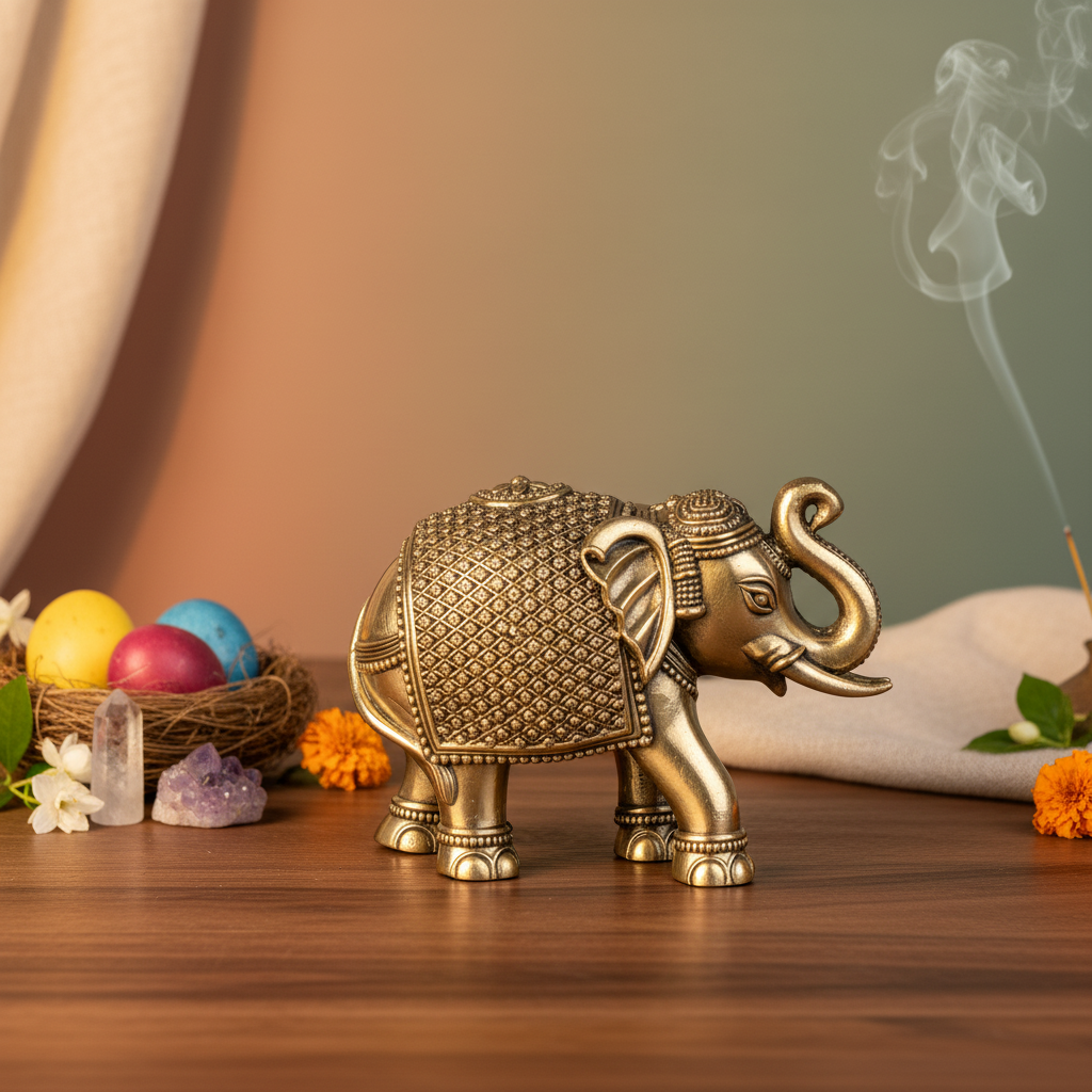 Antique Brass Royal Pattern Elephant Idol | Fine Brass Textured Elephant