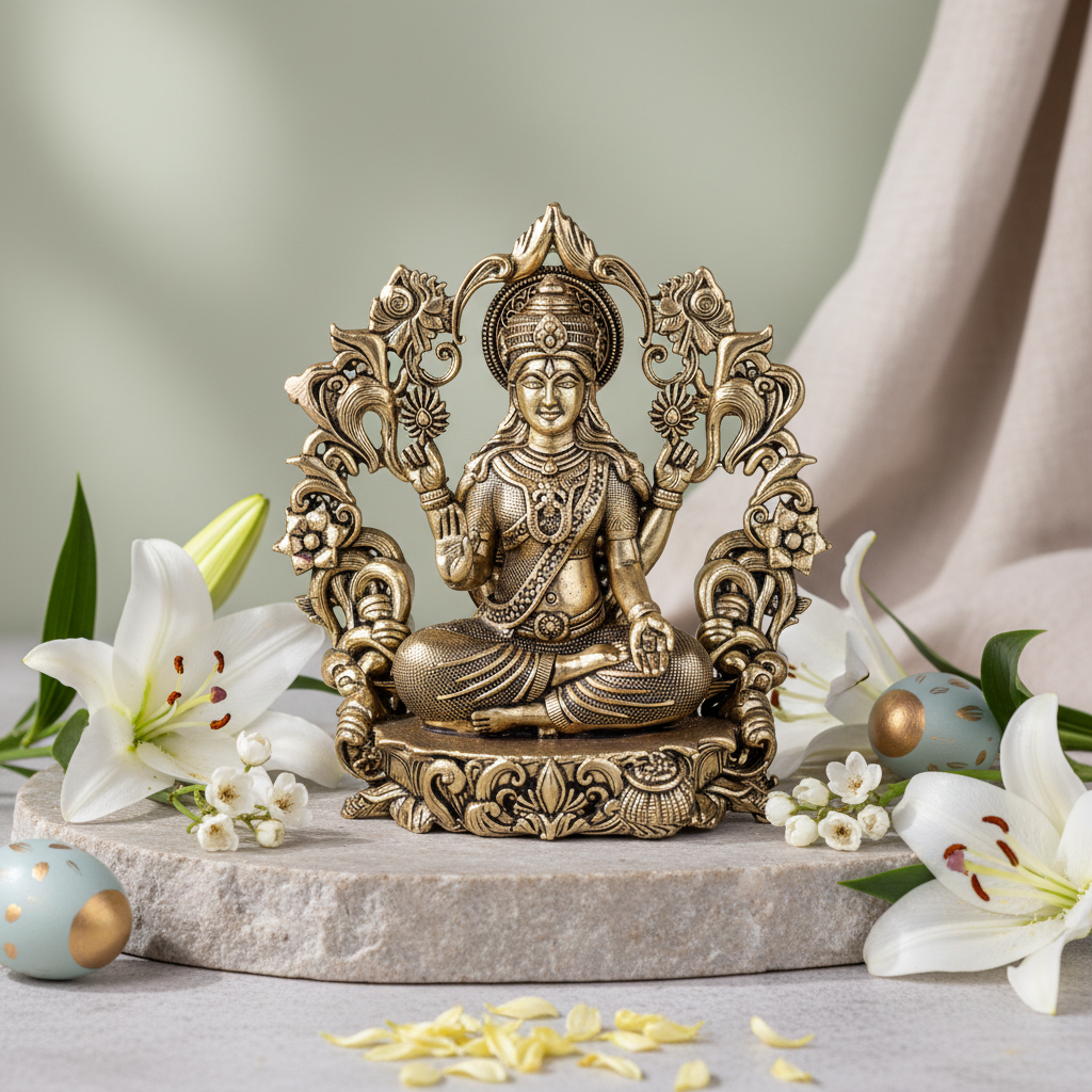 Antique Brass Goddess Lakshmi Idol with Decorative Frame