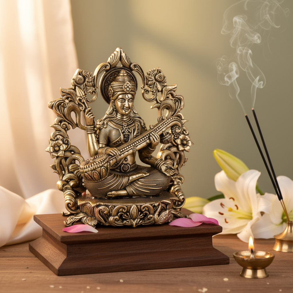 Antique Brass Goddess Saraswati Idol with Veena | Fine Brass Saraswati Murti