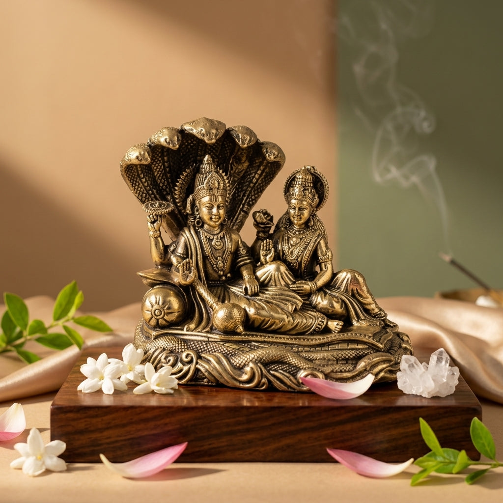 Antique Brass Laxmi Narayan Idol – Vishnu Lakshmi Murti on Sheshnaag