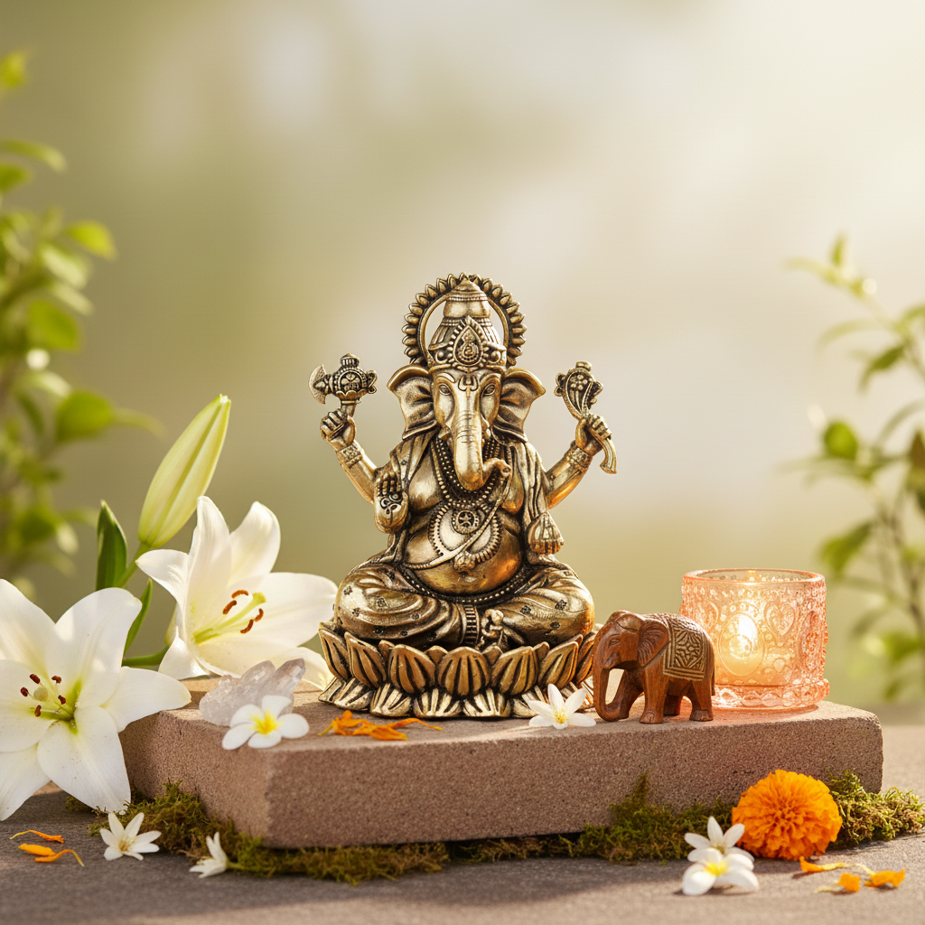 Antique Brass Ganesha Idol – Small Sitting Ganpati Murti