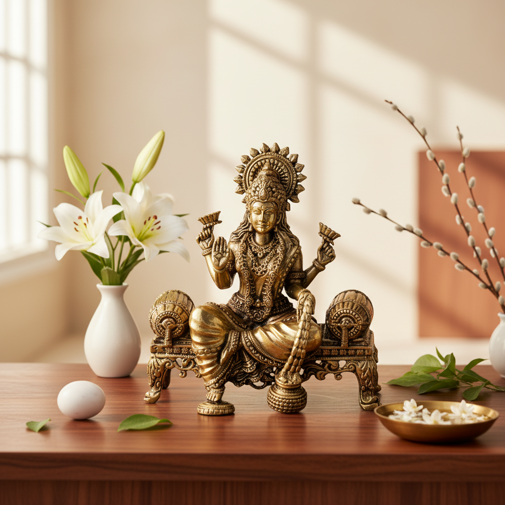 Antique Brass Goddess Lakshmi Idol Sitting on Royal Sofa
