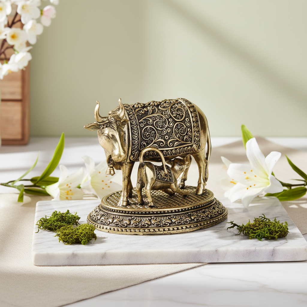 Antique Brass Kamdhenu Cow with Calf Idol | Fine Brass Gau Mata