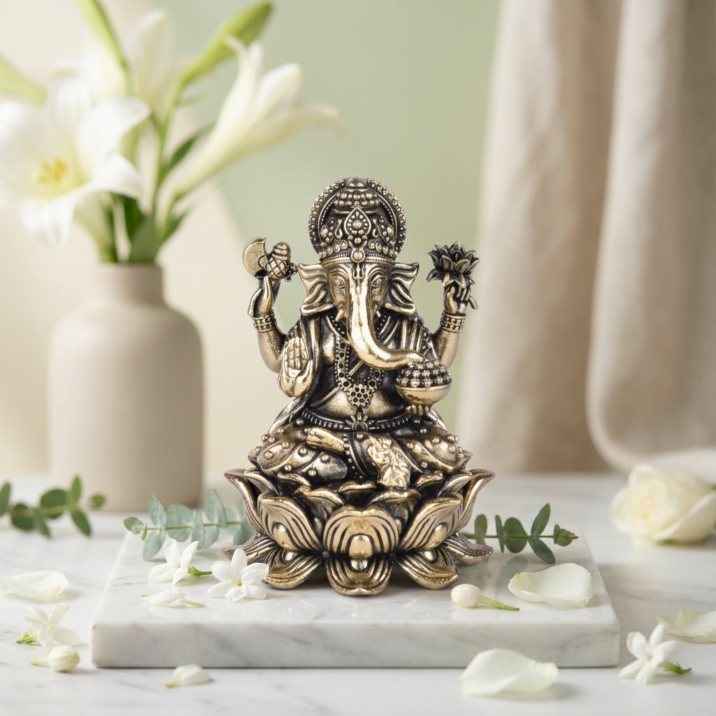 Antique Brass Ganesh Idol – Premium Lotus Base Showpiece