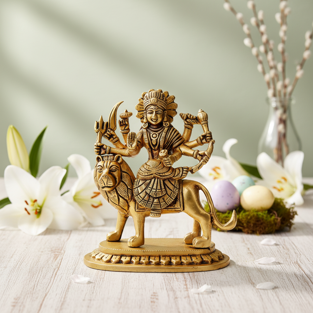 Brass Durga Maa Idol on Lion | 5.5 inches | 8-Handed Hindu Goddess Figurine for Navratri, Diwali & Gift