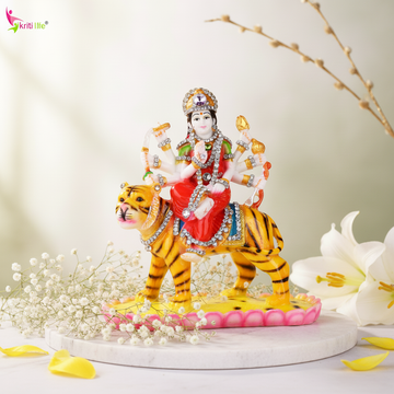 Goddess Durga Idol on Tiger – Polyresin Statue with Decorative Stones for Home Temple & Navratri | 7 inches