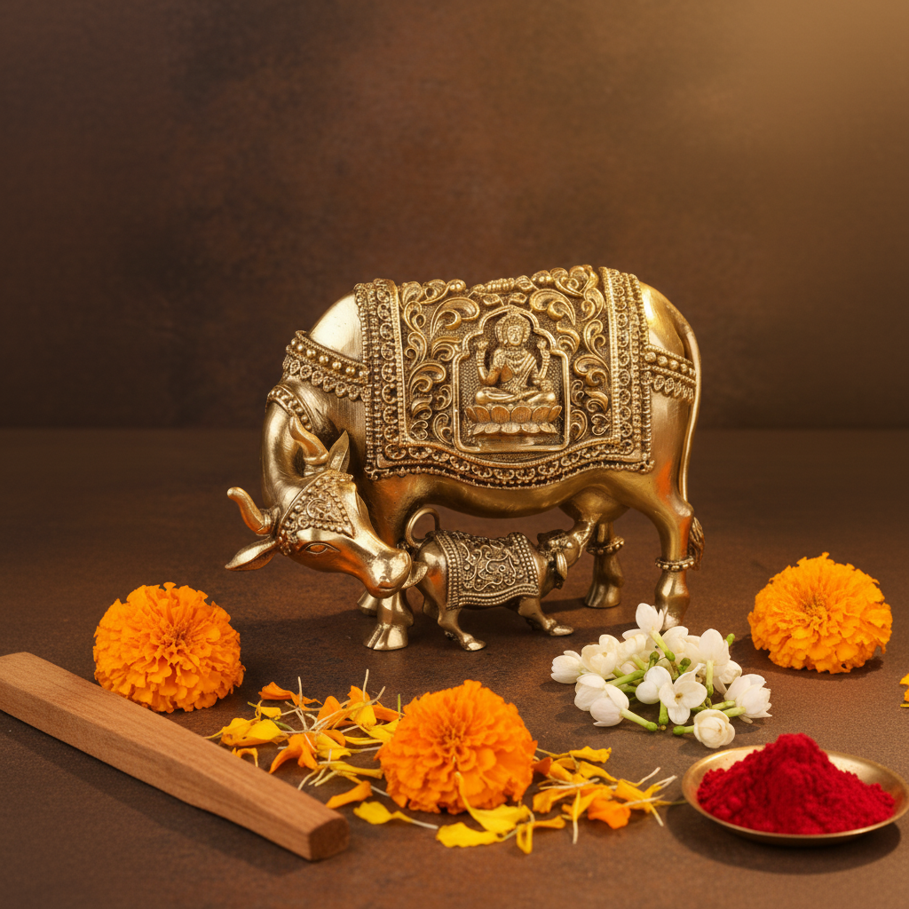 Antique Brass Kamdhenu Cow & Calf Idol – Compact Decor Statue