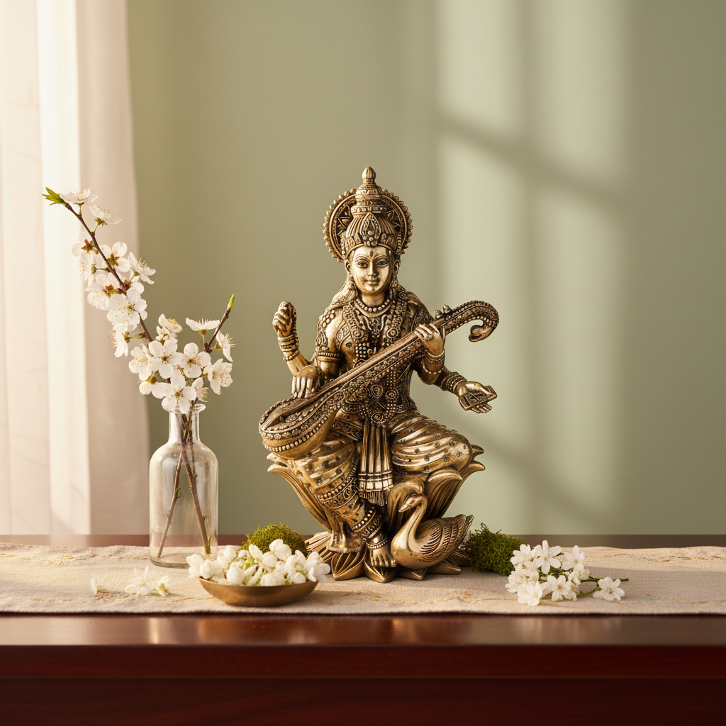 Antique Brass Saraswati Idol – Fine Brass Goddess Saraswati Murti