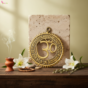 Brass Om Wall Hanging with Sacred Mantras – Traditional Hindu Wall Mount- 6 inches