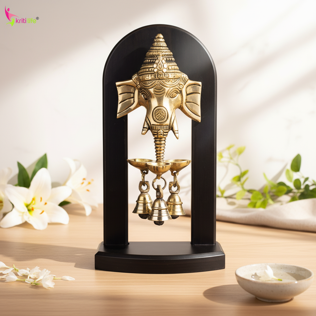 Brass Ganesha Wall Hanging Bell with Wooden Frame -11 inches – Decorative and Auspicious Door/Wall Accent